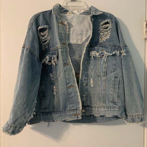 KKFS Ripped Jean Jacket, Size Large - Picture 1 of 3
